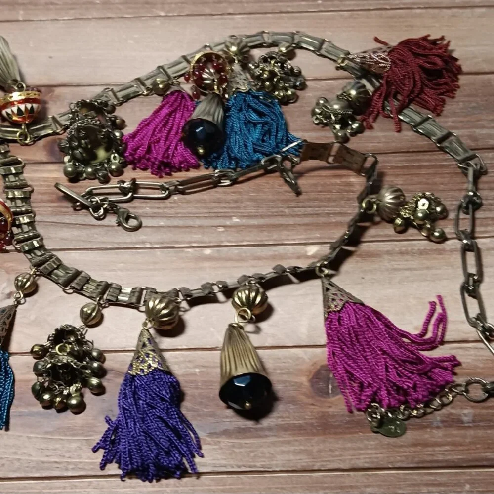 Belt Asian Inspired Brass Dangle Bobble Charms & Tassels Hari Krishna Style 34" - Picture 6 of 9